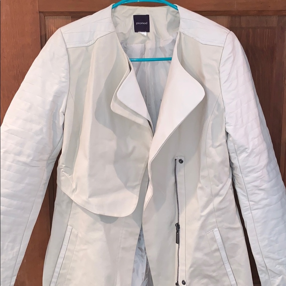 Off white trench coat with faux leather details